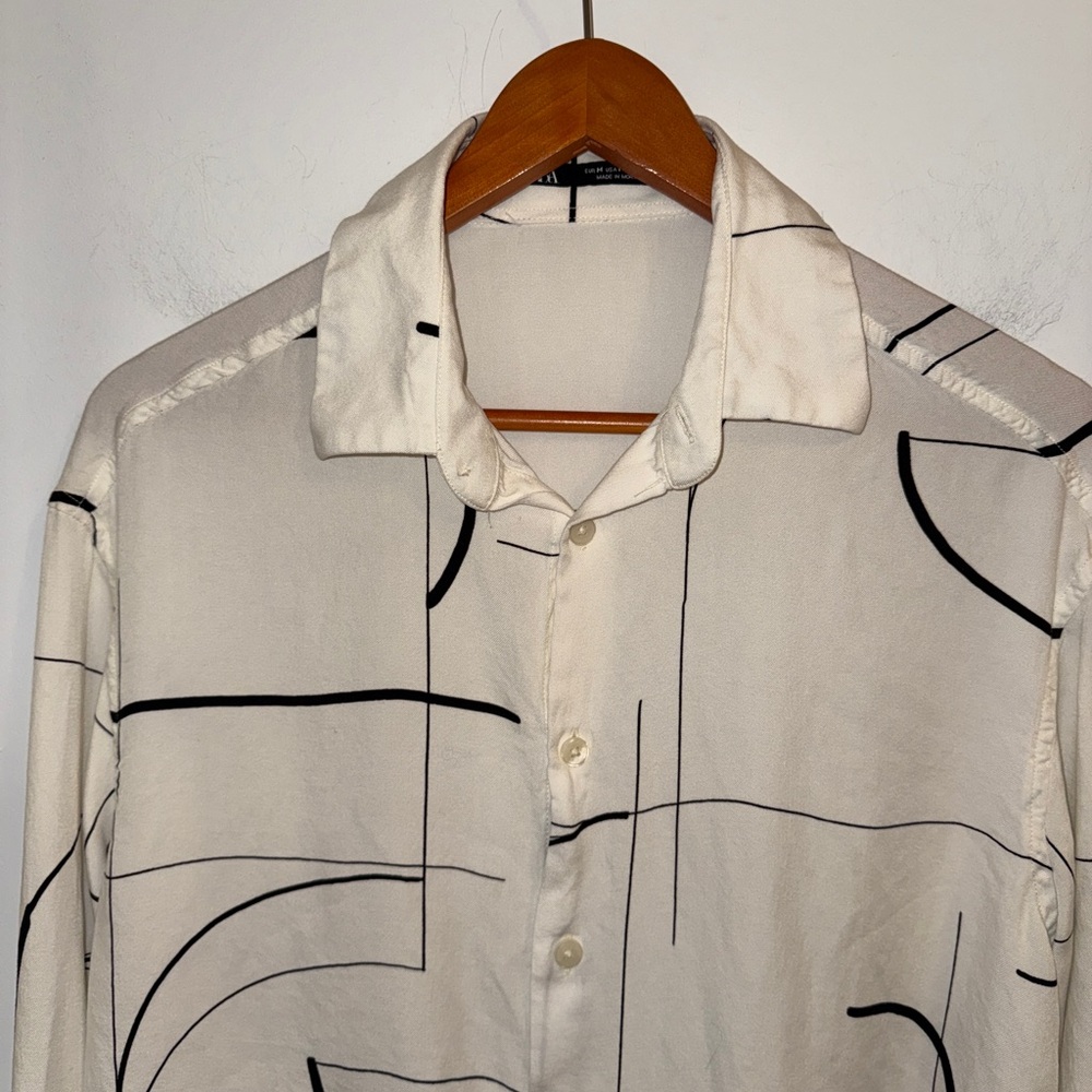 Zara Man White Black Abstract Line Print Button-Up Shirt Size M - Picture 5 of 13